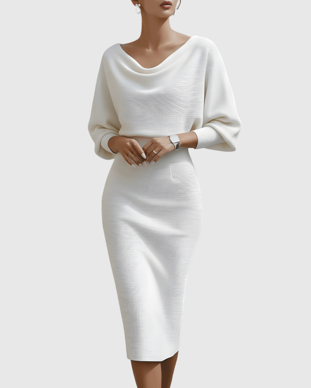 Ismeria | Weißes Drapiertes Batwing-Midi-Kleid
