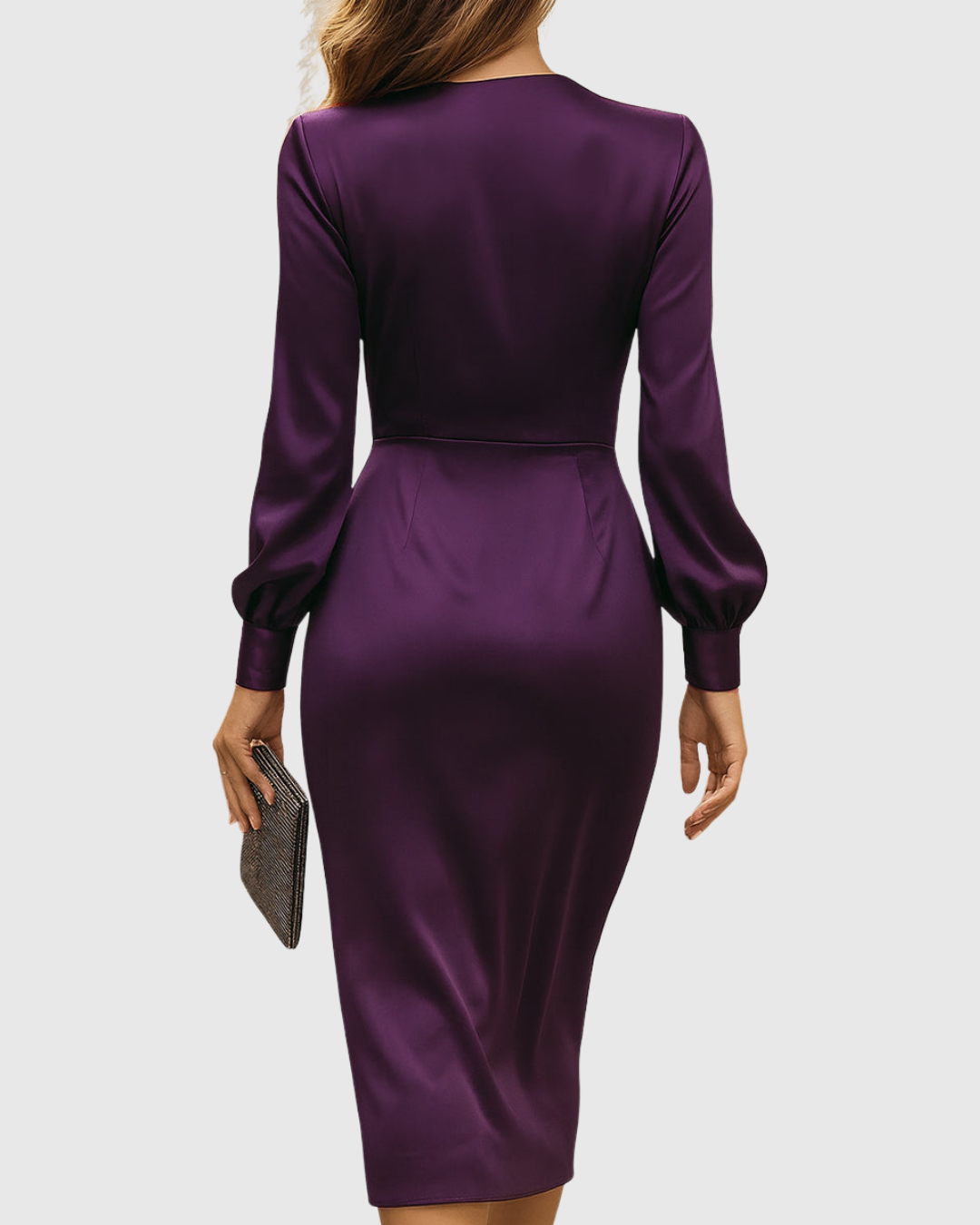 Cerelia | Dunkelpflaume Satin Wickel Midi Kleid