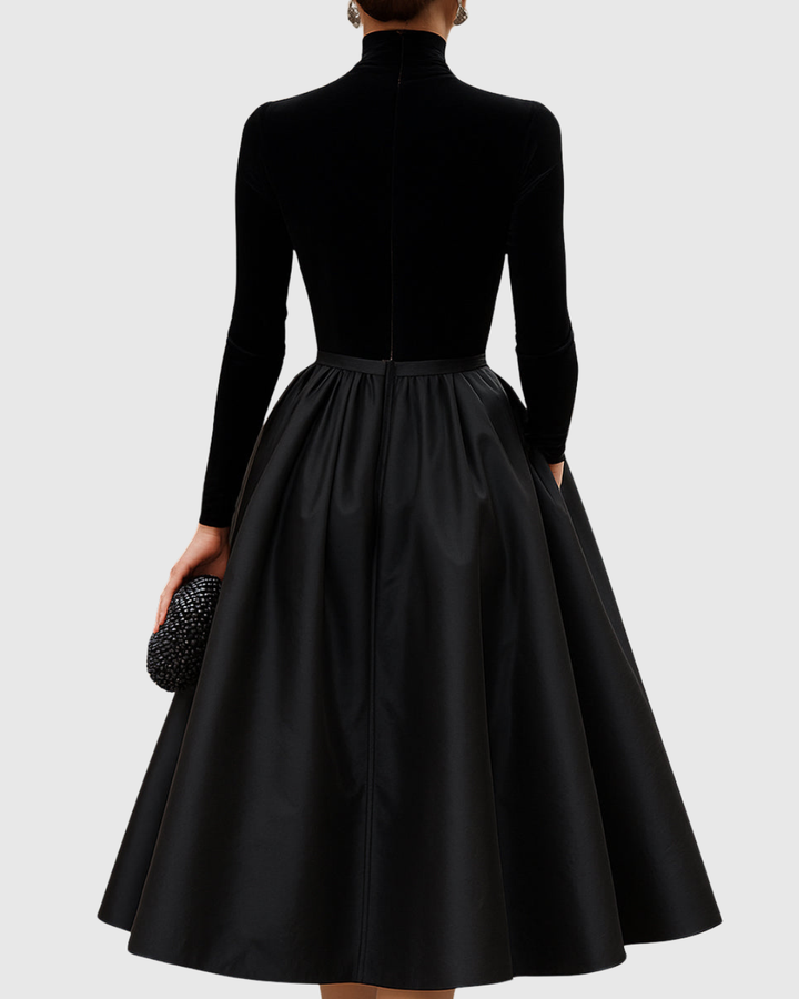 Aradia | Elegantes schwarzes Samt- und Satin-Midikleid