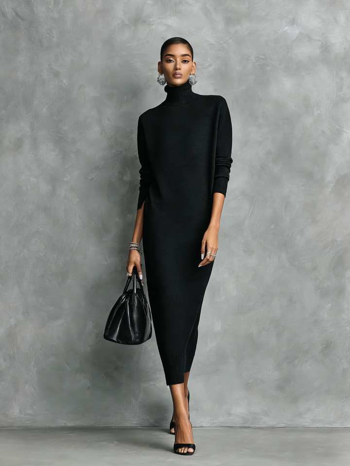 Schwarzes Midi-Kleid aus Strick mit Stehkragen
