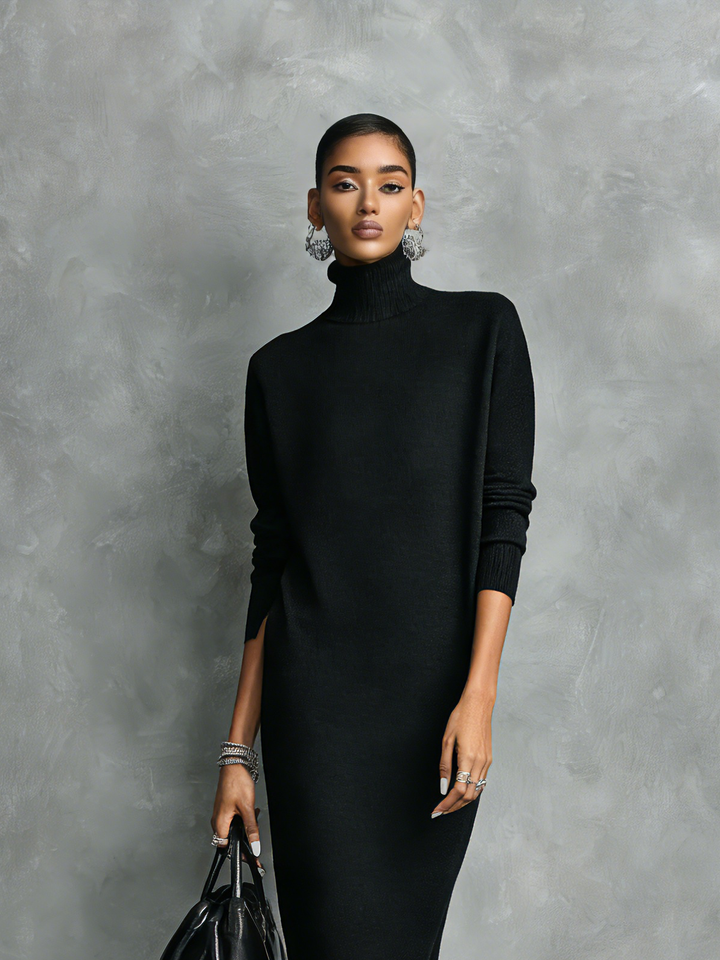 Schwarzes Midi-Kleid aus Strick mit Stehkragen