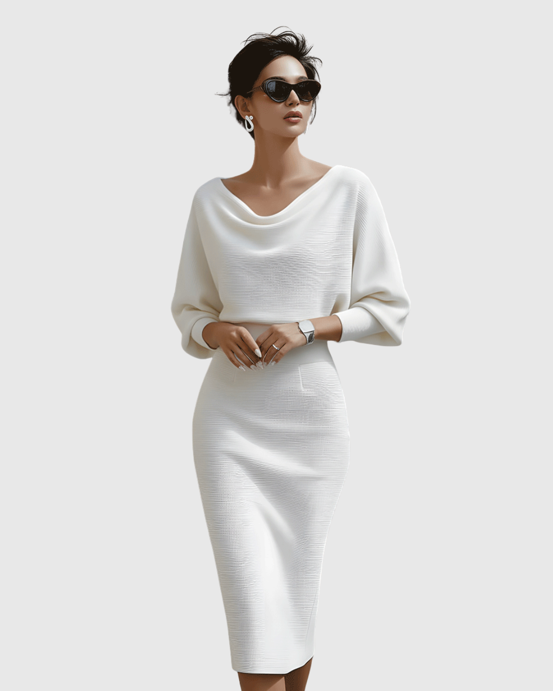 Ismeria | Weißes Drapiertes Batwing-Midi-Kleid