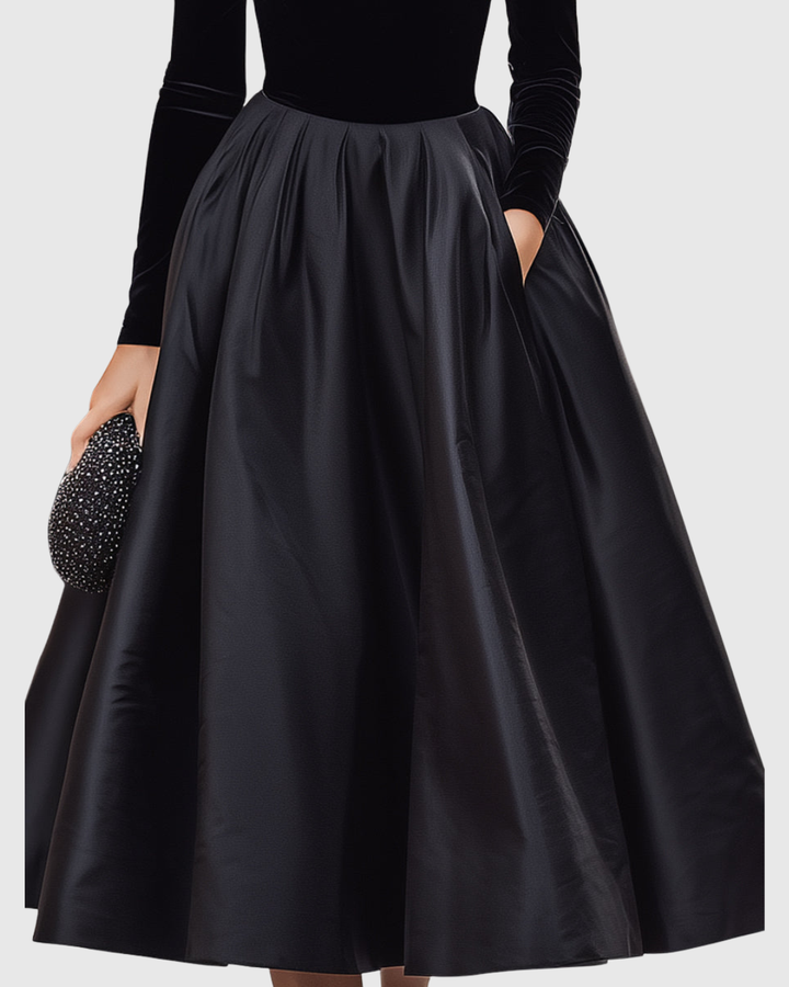 Aradia | Elegantes schwarzes Samt- und Satin-Midikleid