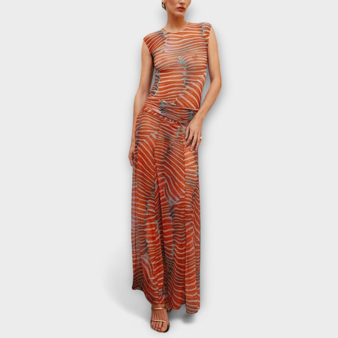 Phoenix – Schimmerndes Wellen-Mesh-Bodysuit und Rock-Ensemble
