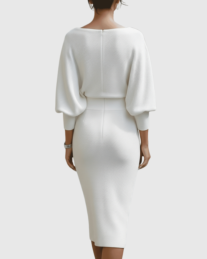 Ismeria | Weißes Drapiertes Batwing-Midi-Kleid