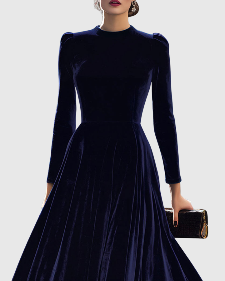 Sibella - Marineblaues Midi-Kleid mit langen Ärmeln