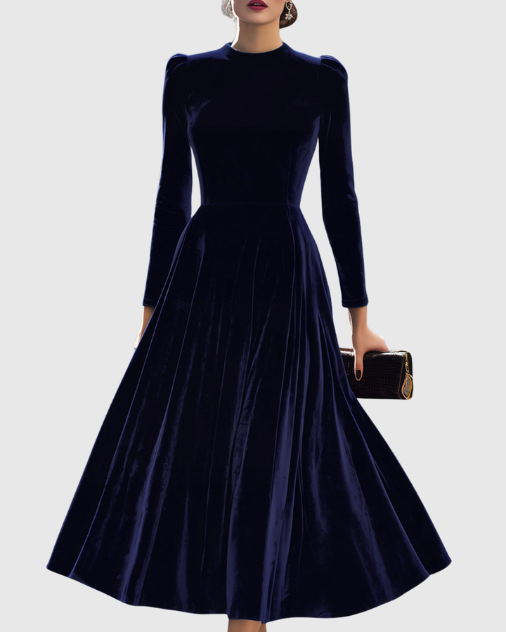 Sibella - Marineblaues Midi-Kleid mit langen Ärmeln
