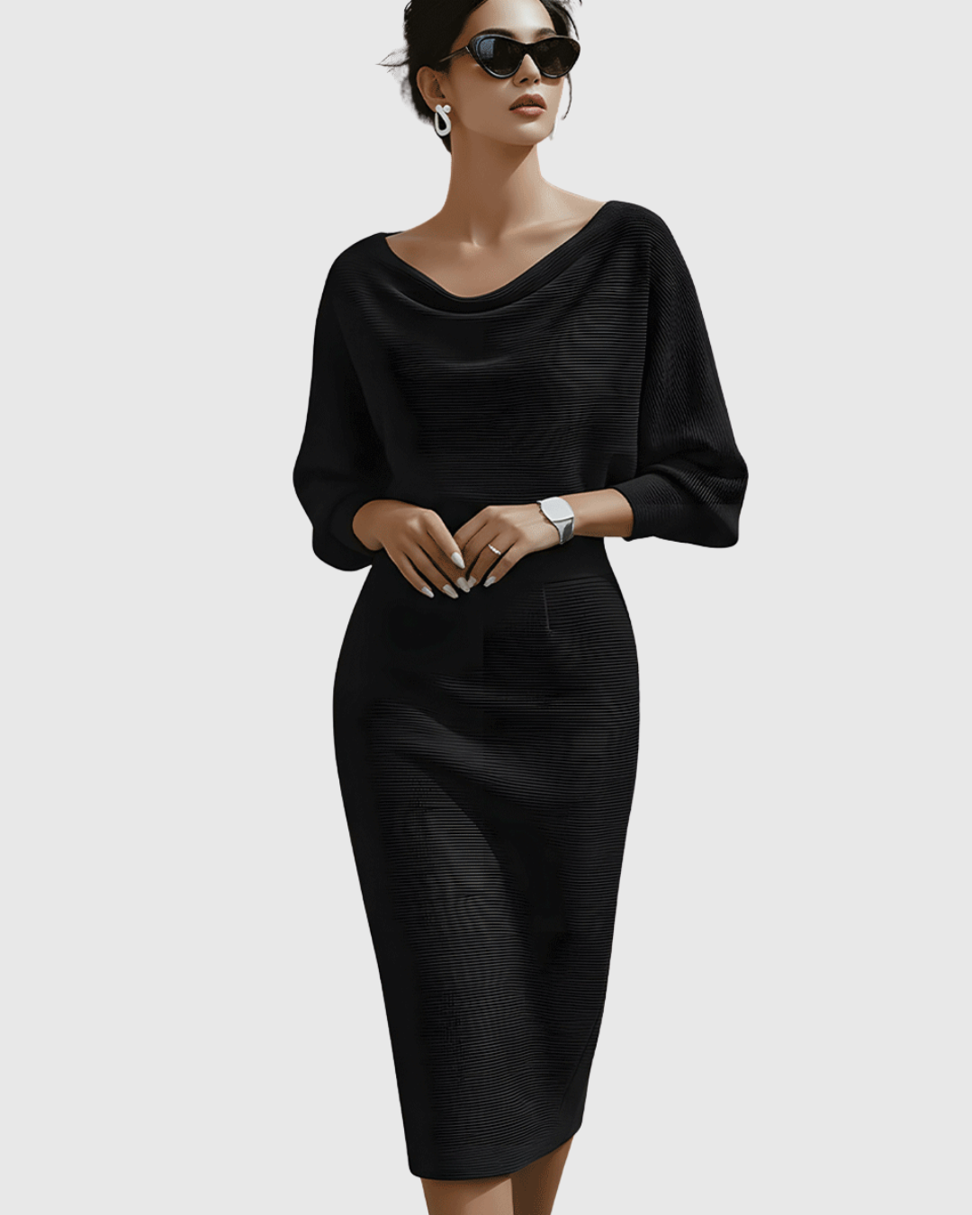 Ismeria | Weißes Drapiertes Batwing-Midi-Kleid