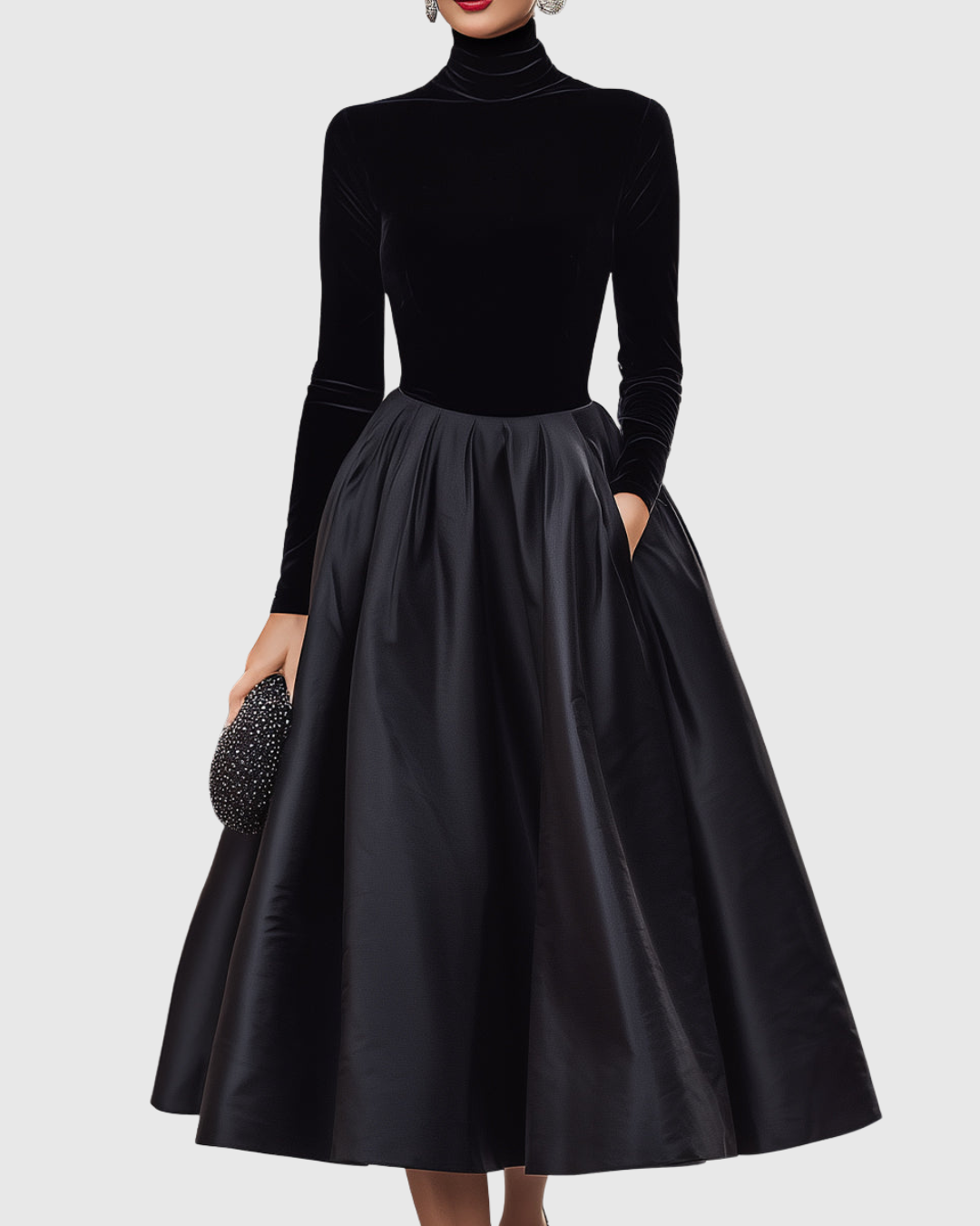 Aradia | Elegantes schwarzes Samt- und Satin-Midikleid