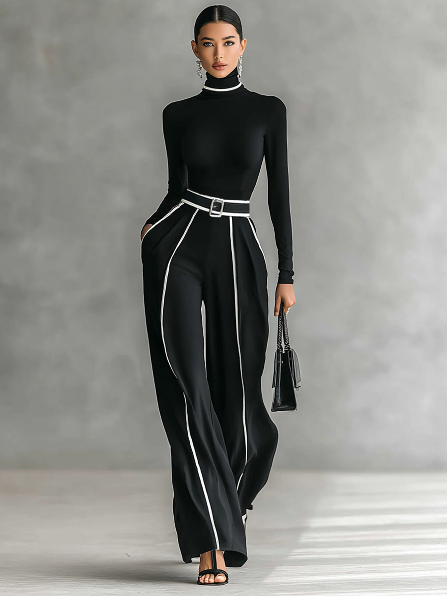 Ensemble mit Stehkragen und weitem Hosen mit Gürtel