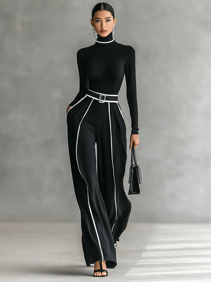 Ensemble mit Stehkragen und weitem Hosen mit Gürtel
