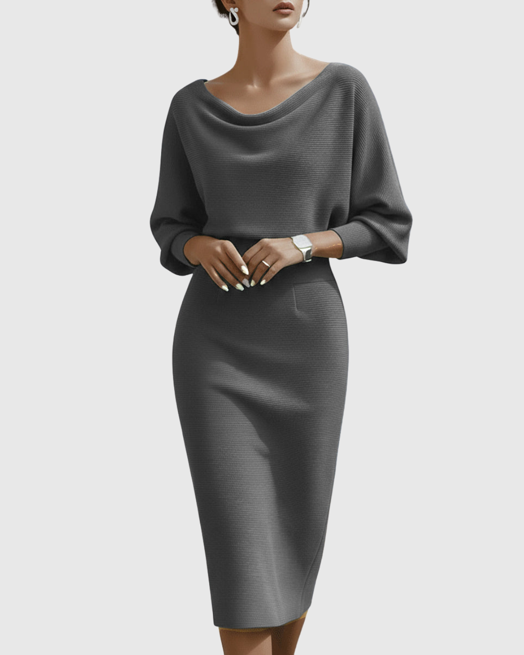 Ismeria | Weißes Drapiertes Batwing-Midi-Kleid