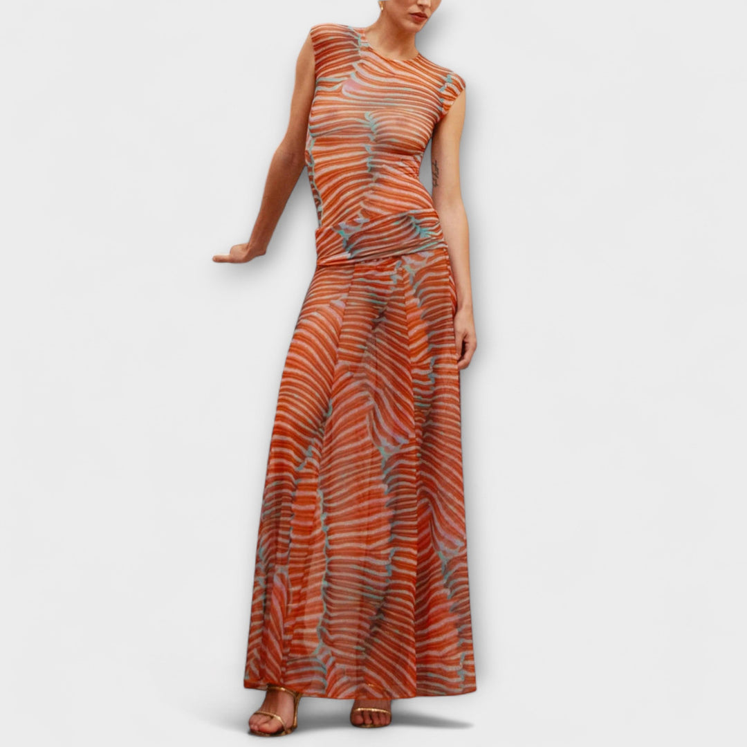 Phoenix – Schimmerndes Wellen-Mesh-Bodysuit und Rock-Ensemble