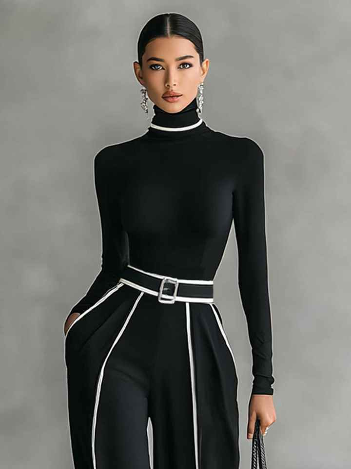 Ensemble mit Stehkragen und weitem Hosen mit Gürtel