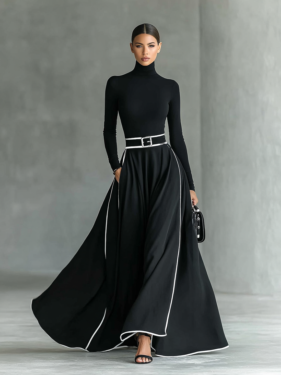 Schwarzes Maxikleid mit weißen Nähten