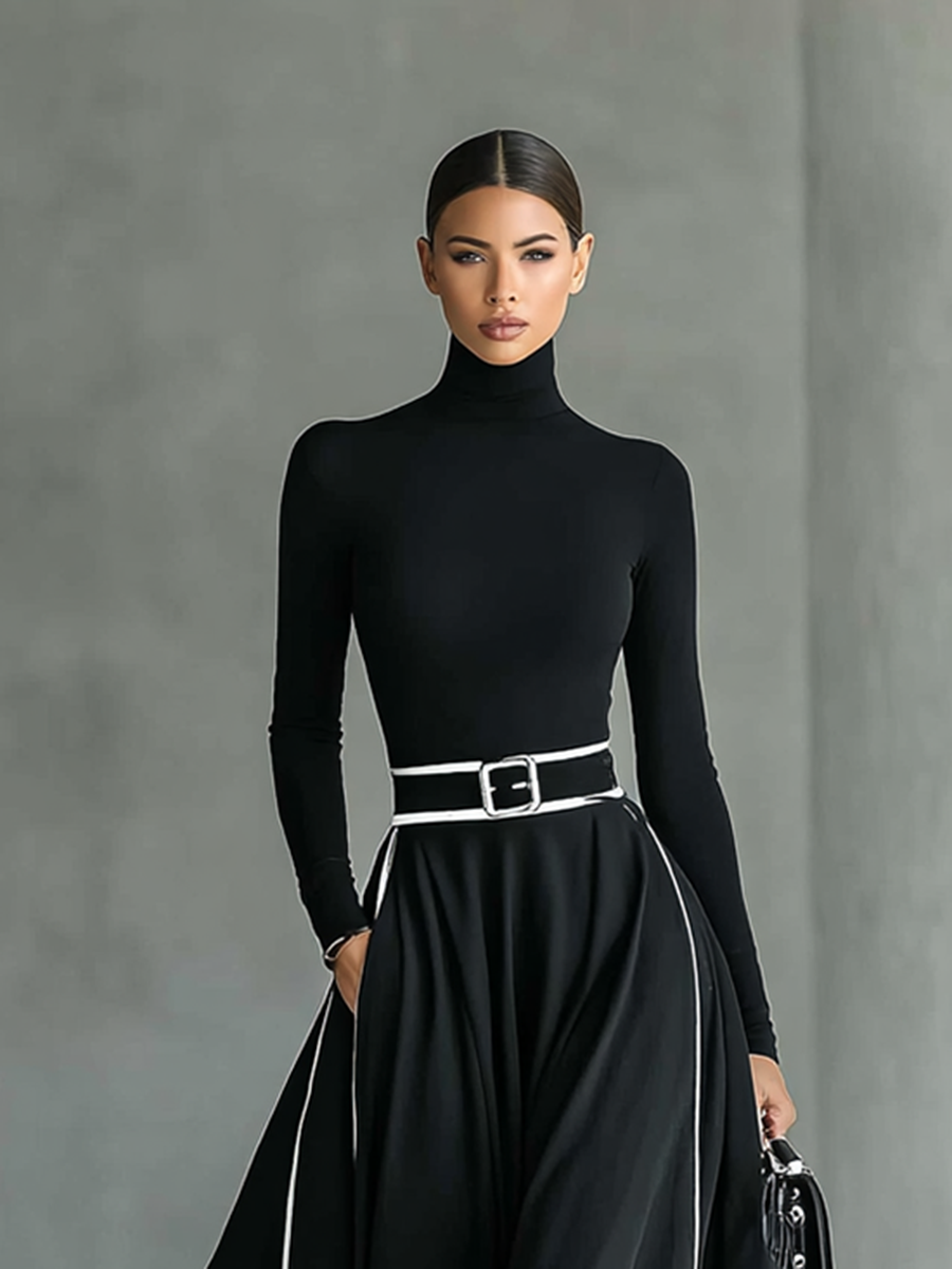 Schwarzes Maxikleid mit weißen Nähten
