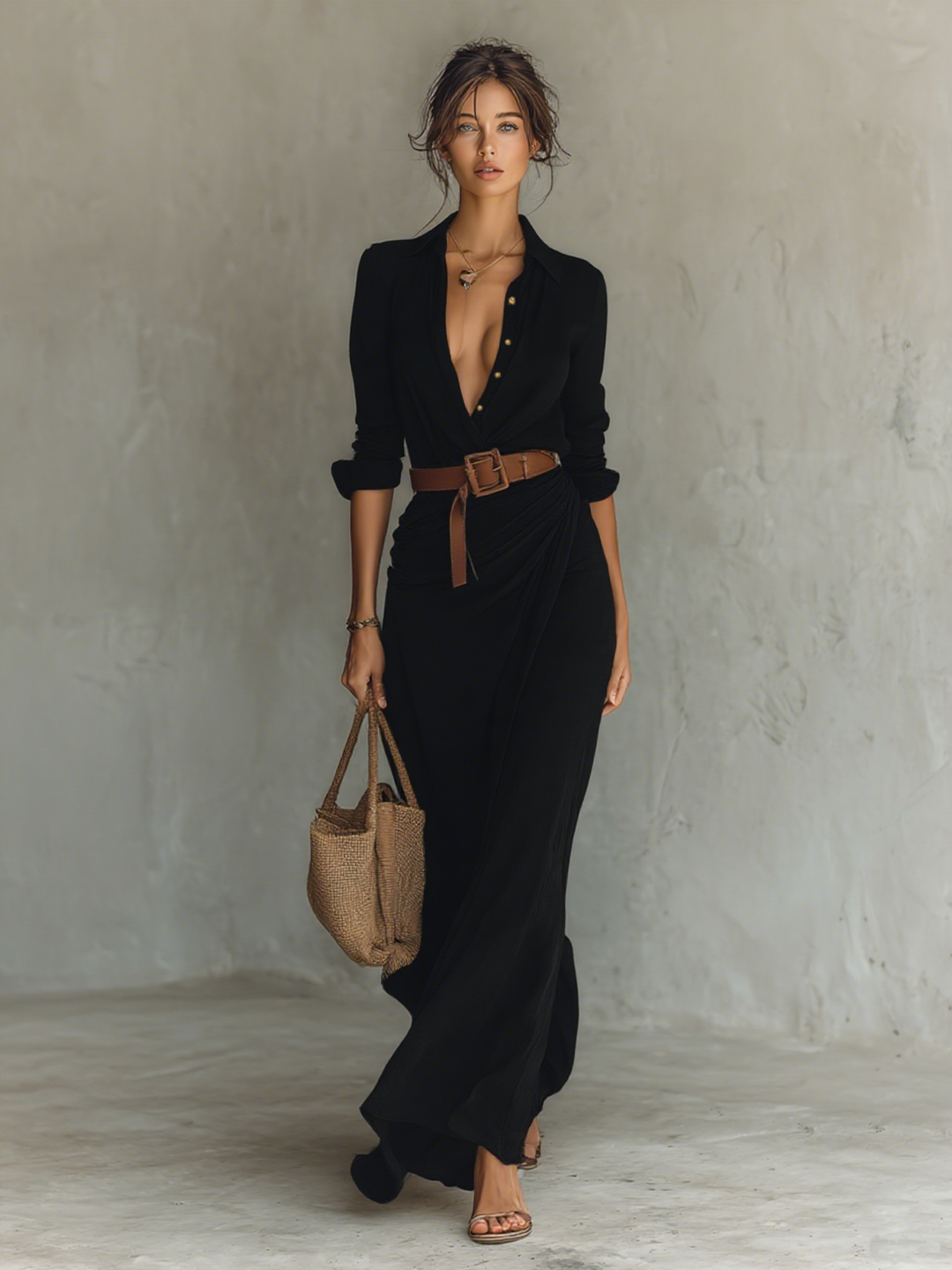 Maxikleid mit Kragen und Gürtel
