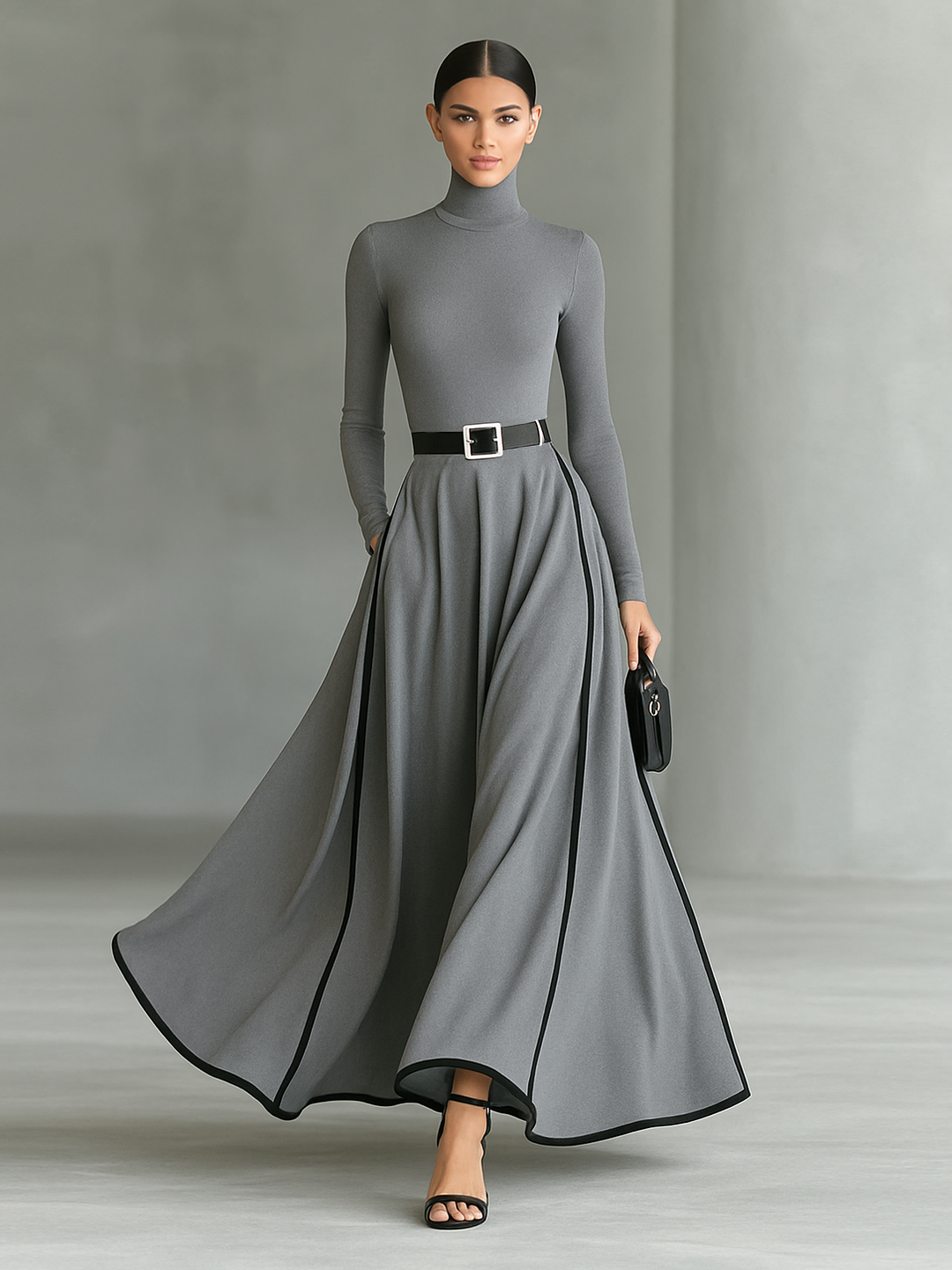 Schwarzes Maxikleid mit weißen Nähten