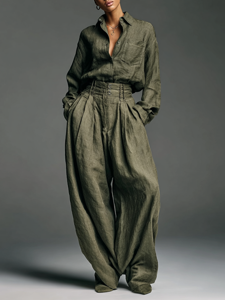 Ensemble aus Baumwoll-Leinen-Hemd und weitem Hosen