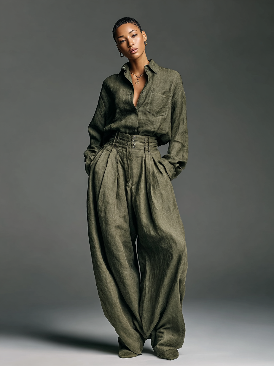 Ensemble aus Baumwoll-Leinen-Hemd und weitem Hosen