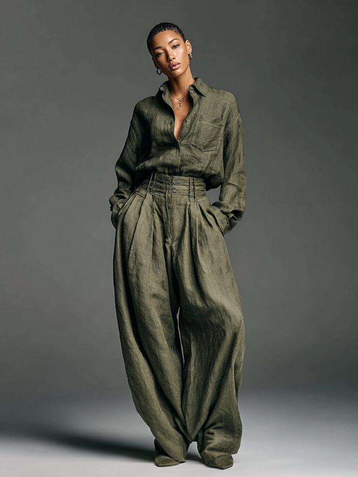 Ensemble aus Baumwoll-Leinen-Hemd und weitem Hosen