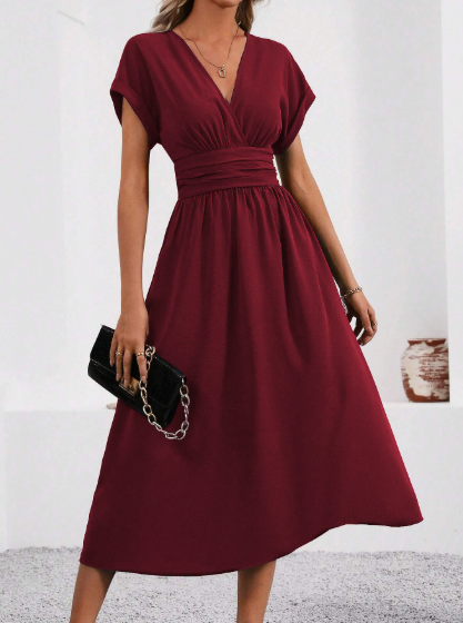 Lucyndra | Midikleid mit V-Ausschnitt und Faltenbund