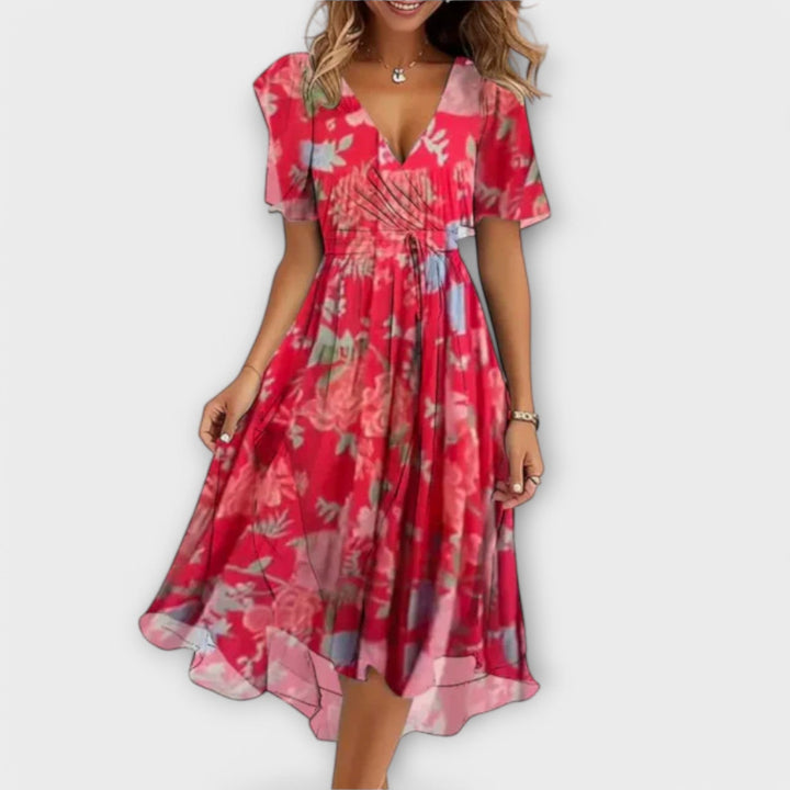 Isolde - Florales V-Ausschnitt Wickel-Midikleid